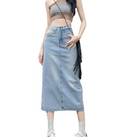 Jupe taille haute en jean mi-longue pour femmes jupe portefeuille décontractée style d'été amincissant avec décoration de boutons et techniques lavées
