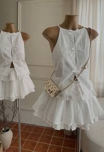 Ensemble de bavoir avec nœud et jupe évasée, échantillon disponible, style doux, sans manches, polyester, mousseline, tenue quotidienne, ensemble de shorts 2 pièces - Product Image 2