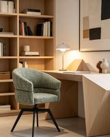 Chaise d'ordinateur pivotante en tissu vert foncé, style minimaliste moderne, avec accoudoirs et base en métal noir en forme de croix, pour la maison et le bureau