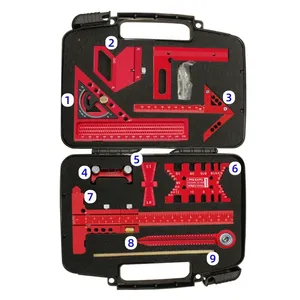 <span class=keywords><strong>Kit</strong></span> de 9 piezas para carpintería con caja, regla de trazado de aluminio, buscador de centro, compás de <span class=keywords><strong>dibujo</strong></span> circular, guía de afilado, medidor de altura - Product Image 2