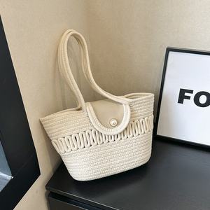 Bolsos de algodón tejido para la playa de verano, bolso tipo cubo de gran capacidad para mujer, bolso cruzado de un solo hombro a la moda, bolsos de compras para mujer - Product Image 2