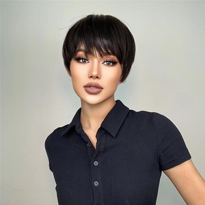 6 pouces court couches Pixie <span class=keywords><strong>coupe</strong></span> de <span class=keywords><strong>cheveux</strong></span> perruque de <span class=keywords><strong>cheveux</strong></span> raides <span class=keywords><strong>avec</strong></span> <span class=keywords><strong>frange</strong></span> noir brun <span class=keywords><strong>frange</strong></span> sans colle pas de dentelle perruque de mode pour les femmes dame - Product Image 2