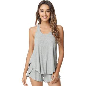 Conjunto de Pijama Personalizado para Mujer de Viscosa de Bambú, Camiseta sin Mangas con Espalda Cruzada y Pantalones Cortos Divididos, Ropa de Dormir Transpirable y Refrescante - Product Image 1