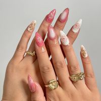 Faux ongles à presser en acrylique rose poudré 3D Sakura, forme amande, avec décor floral métallique doré, certifiés CE, personnalisables, vente en gros