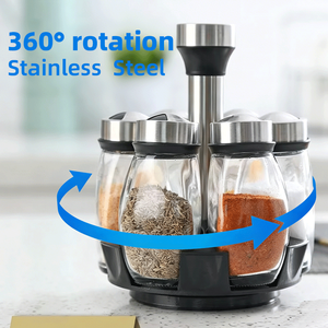 Étagère à <span class=keywords><strong>épices</strong></span> en acier inoxydable 6 pots 360° °   Organisateur de rangement rotatif portable pour assaisonnements avec conteneurs pour la cuisine - Product Image 1