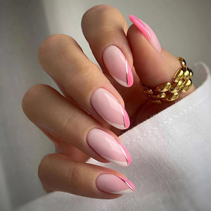 <span class=keywords><strong>Uñas</strong></span> postizas francesas de triángulo rosa con <span class=keywords><strong>uñas</strong></span> postizas plateadas en forma de almendra usable al por mayor prensa en las <span class=keywords><strong>uñas</strong></span> - Product Image 1