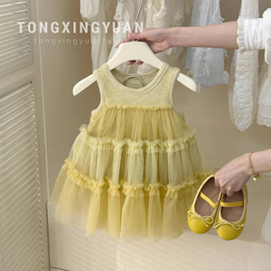 Korean Style Girls' Mesh Vest Dress Solid Color Cotton Baby Princess Dress Summer Children's Clothing - Product Image 5