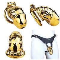 FRRK Cage de chasteté dorée pour homme, dispositif de chasteté, ceinture de chasteté, cages à pénis avec cathéter en silicone, plug urétral, jouet sexuel pour hommes, vente en gros
