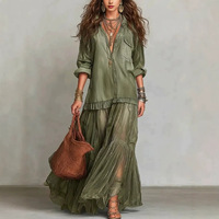 DM123 Robe longue de soirée d'été luxueuse en mousseline de soie style bohème, patchwork imitation jean, coupe ample avec bordure en dentelle