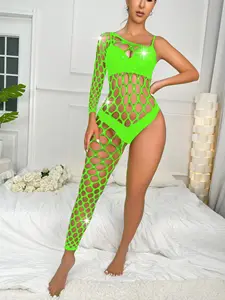 Hot Sale Sexy Fishnet Girl Rhinestone Full Body Crystal Sparker 1 Sleeve Bodystockings Clubwear Dance Wear Lingerie