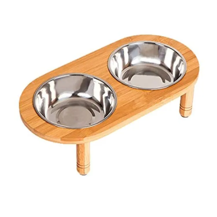 Raised Dog Bowls Cat Food Stand with 2 Stainless Steel Bowls, Elevated Small Dog Bowls with Bamboo Stand