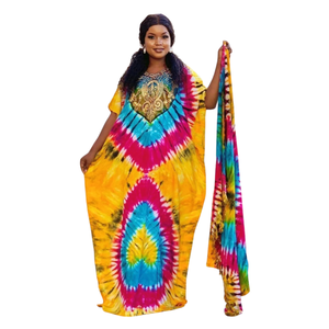 Vestido Maxi Boho Tie Dye para Mujer, Holgado, Cuello en V, Manga Corta, Patrón Geométrico Bordado, Ropa de Playa de Verano, Color Caramelo, Tejido de Tela - Product Image 1