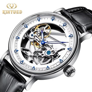 Envío Directo KINYUEDJ-134 Reloj Mecánico para Hombre con Movimiento Automático, Correa de Cuero, Diseño Esqueleto con Índices de Diamantes - Product Image 1