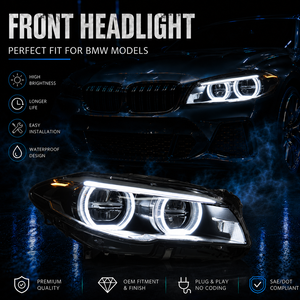 Fari a <span class=keywords><strong>LED</strong></span> BK per <span class=keywords><strong>BMW</strong></span> Serie 5 <span class=keywords><strong>F10</strong></span> 2011-2017, Gruppo Ottico con Angel Eyes e Luci Diurne, Aggiornamento Fari Anteriori - Product Image 1