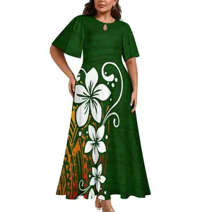 Factory Price Polynesian Tribal Pattern Mosaic Design O-Neck Dress Milk Silk Fabric Dress With Trumpet Sleeves And Drop Neck