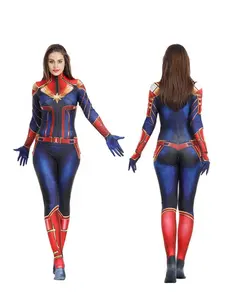Film Obral Besar Pesta Superhero 3D Dicetak Halloween Cosplay Jumpsuit Nanometer Bodysuit Seksi Kostum Kapten Marvel untuk Wanita