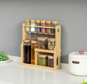 Étagère à épices en bambou à 3 niveaux avec 6 flacons à épices, support de rangement ménager pratique pour les dépenses familiales - Product Image 2