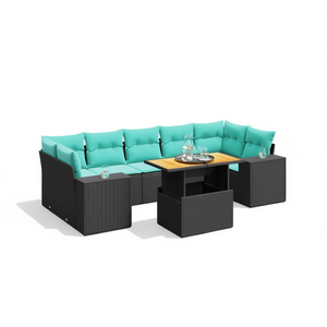 Set di divani da giardino in polyrattan nero da 8 pezzi con cuscini, eleganti mobili da esterno - Product Image 1