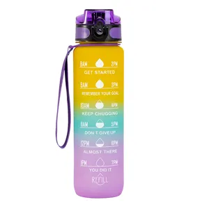 Logotipo personalizado 1000ml/32oz BPA libre gradiente plástico Fitness gimnasio deportes motivacional botella de agua con marcador de tiempo