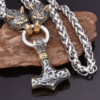 Collier Pendentif Marteau Rune Vintage en Forme d'Animal Tête de Loup pour Hommes, Style Punk Nordique Viking, Chaîne en Alliage Bambou, Bijoux KunHong
