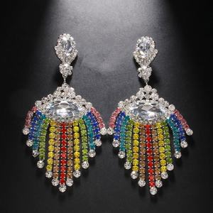 European American Style Bohemian Tassel Gold Plated Copper Alloy Earrings Rainbow Rhinestone <b>Pendant</b> Drop Design for Women's - Product Image 2