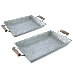 Galvanized Metal Serving Tray With Wood Handles Rectangle Baking Oven Special Tray For Cakes Pizza Kitchen Supplies