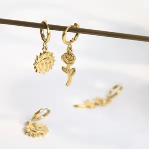 Top Selling Wholesale Custom 18K Gold Plated Women Stainless Steel Jewelry Sun Face Rose Floral Flower Charm Drop Hoop Earrings