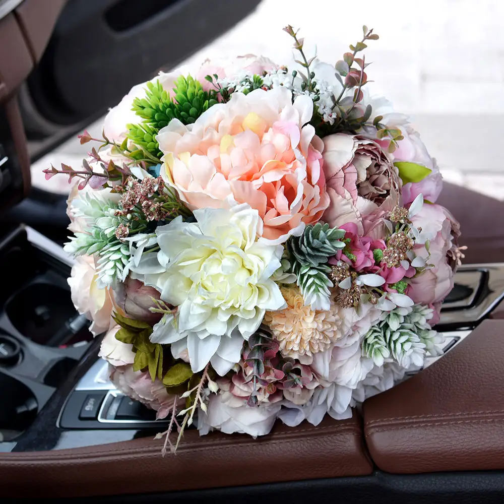 Fabricantes de buquê de noivas, flores artificiais de rosas de casamento, buquê de flores de seda