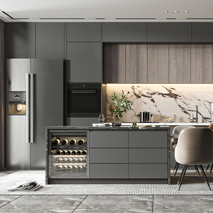 Ensemble de meubles, buffet <span class=keywords><strong>en</strong></span> <span class=keywords><strong>formica</strong></span> Daiya stratifié europé<span class=keywords><strong>en</strong></span> avec îlot, combinaison de couleurs bois, design d'armoire de cuisine - Product Image 1