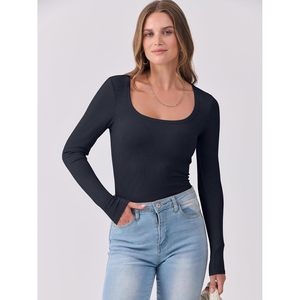 Camiseta de punto acanalado de manga larga para mujer, cuello redondo, corte ajustado, informal, básica, ropa de moda de otoño - Product Image 2