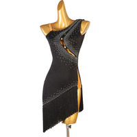 Robe de danse courte asymétrique à strass et franges pour la performance et la compétition de danse latine