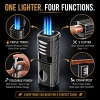 Briquet à cigares portable 4-en-1 à triple flamme, torche rechargeable avec coupe-cigares en V, poinçon et support à cigares, coffret cadeau de luxe