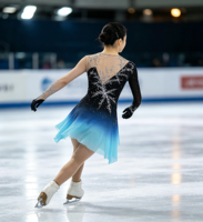 Robe de patinage artistique à manches longues, dégradé noir-cyan, dos en V profond en maille, jupe ornée de strass, pour filles et adultes, compétition et performance
