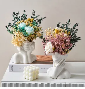 Jarrones de cerámica Shy Girl para decoración del hogar, jarrón de flores de cara humana para sala de estar