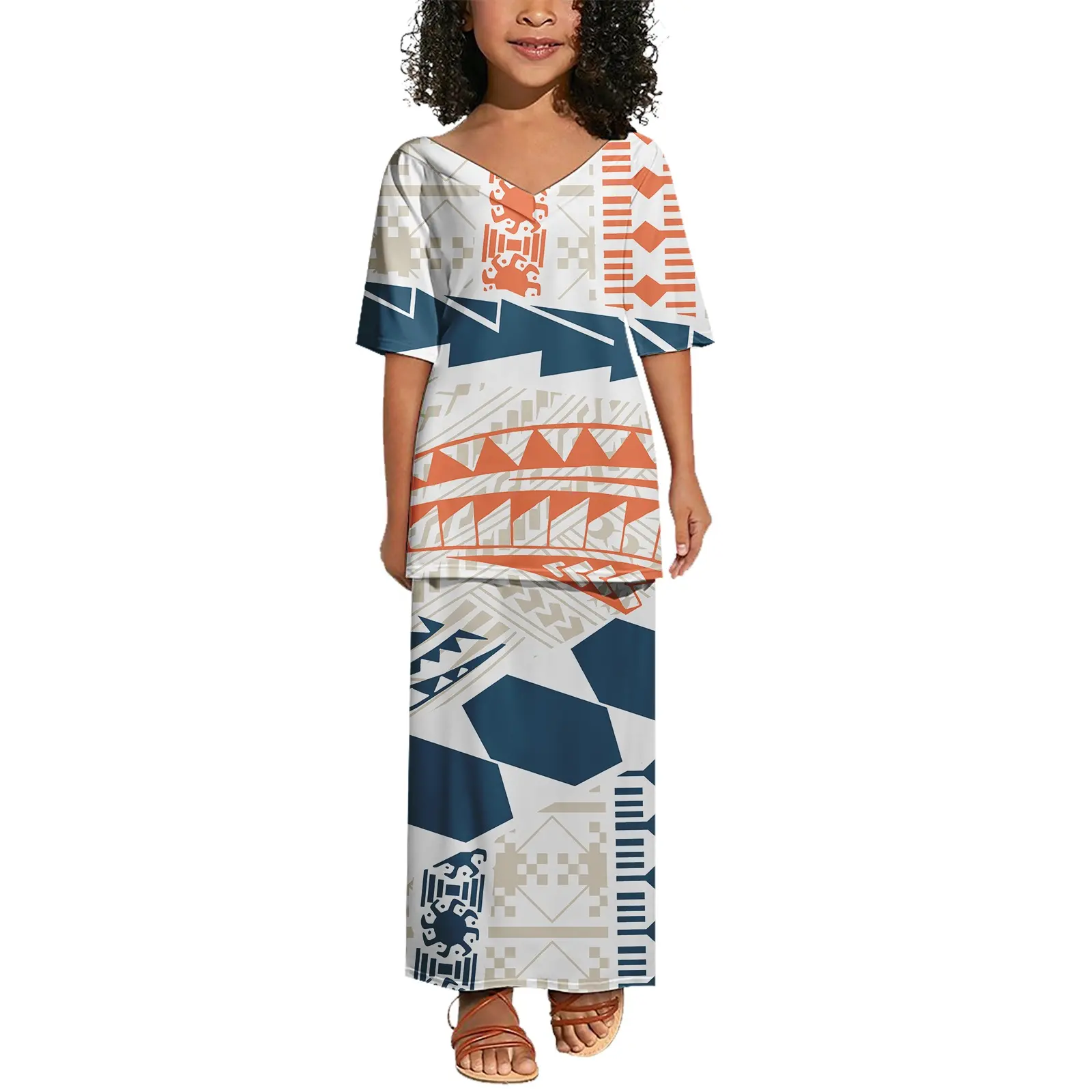 2024 New Summer Customize V Neck Samoan Puletasi For Girls Children's Dress Set Polynesian Tribal Toddler Kids Dresses