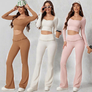 Ensemble de sport 2 pièces respirant à logo personnalisé, motif écossais, taille haute, en Spandex/Nylon, pour femme, avec lacets, idéal pour le yoga et l'entraînement en extérieur - Product Image 2