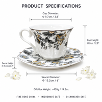Ensemble tasse et soucoupe à café en céramique, style vintage européen, gris et or, motif floral, bord festonné, finition dorée, pour le thé de l'après-midi, 250 ml, réutilisable, pour la maison
