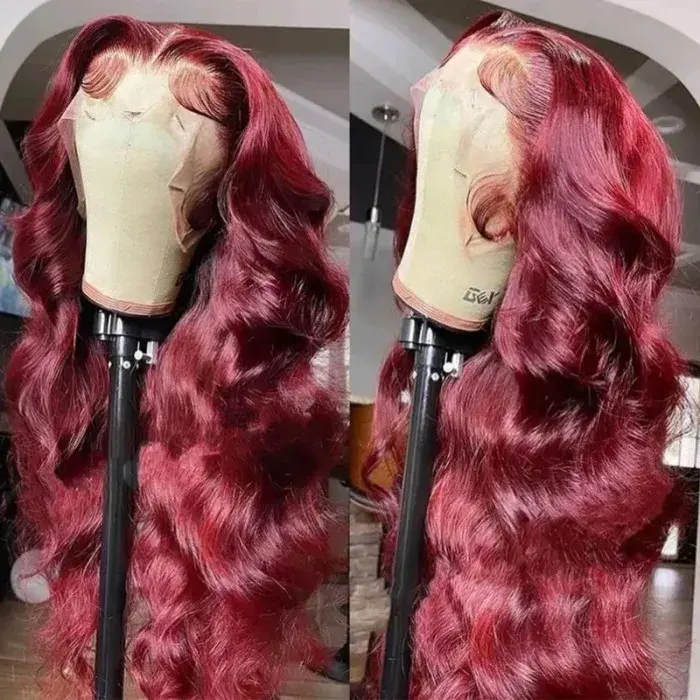 99J 13x4 Lace Front Body Wave Human Hair Wig for Black Women Burgundy Wine Red Silky Straight Lace Frontal Wig Pre Plucked