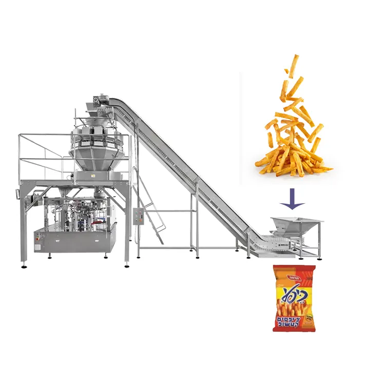 Chips/ Shrimp Sticks Automatic Packing machine automatic with Inclined conveyor