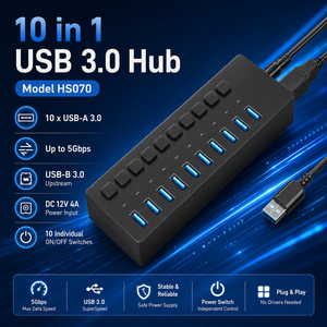 Hub <span class=keywords><strong>USB</strong></span> 3.0 a 10 Porte Alimentato con 10 Interruttori Individuali, Adattatore di Alimentazione 12V 4A, Custodia in ABS per PC - Disponibile - Product Image 3