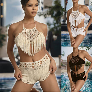 Nouveau Maillot de Bain Bikini Tank en Crochet Fait Main 2025 pour Femme, Couleur Unie, Rayé, Sexy, avec Soutien-Gorge Push-Up et Décorations en Cristal Diamant, Froncé - Product Image 3