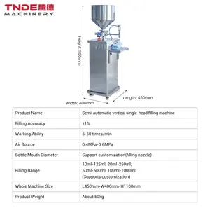 TNDE TDG-SLG01 Semi Automatic Sunflower Mustard Oil Jam Liquid Paste Thick Cream Pneumatic Filling Machine