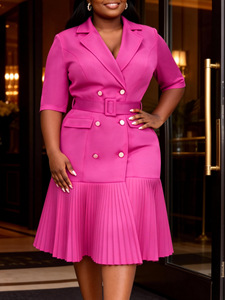 Vestido plisado con cuello tipo blazer y doble botonadura color caramelo para mujer europea y americana de talla grande, con cinturón y mangas a media, e - Product Image 2