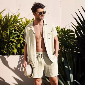 Camicia di <span class=keywords><strong>lino</strong></span> abiti corti da <span class=keywords><strong>uomo</strong></span> <span class=keywords><strong>spiaggia</strong></span> 2 pezzi Casual abbottonatura - Product Image 1