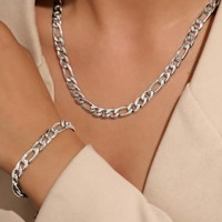 Ensemble de bijoux collier et bracelet en acier inoxydable plaqué argent, style classique vintage punk, chaîne cubaine géométrique, pour anniversaire