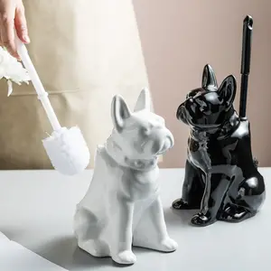 Juego de cerámica creativa para el baño, decoración Interior de estilo nórdico para el hogar, soporte para escobilla de inodoro en forma de perro blanco y negro, novedad de 2023