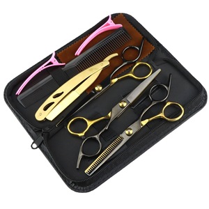 Kit de ciseaux professionnels pour la coupe et l'éclaircissement des cheveux de 5,5 pouces, en acier inoxydable, antistatiques, pour barbier, avec étui en cuir - Product Image 1