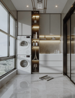 Vitrine blanche moderne avec éclairage LED, étagères ouvertes et rangement intégré pour buanderie, idéale pour appartement, sur mesure