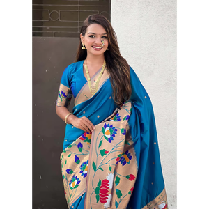 Sari en soie Paithani bleu Elite Weaves avec un grand bordure à motif demi-demi, tissé en zari, vêtements indiens et pakistanais - Product Image 6