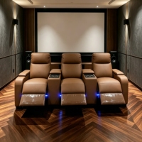 Canapé inclinable en cuir pour home cinéma avec porte-gobelets, éclairage LED, alimentation électrique, plateau réglable, siège de cinéma modulaire